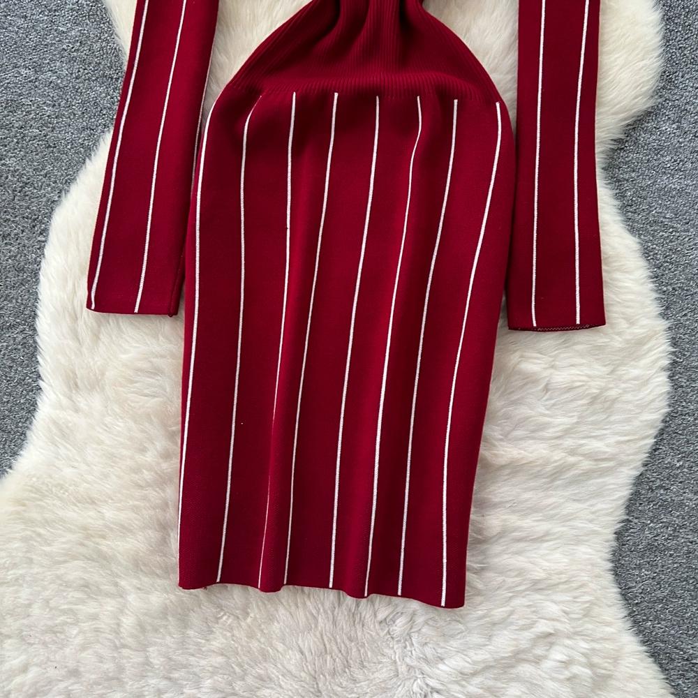 Autumn Winter Women Casual V-neck Full Sleeve Striped Knitted Sweater Slim Bodycon Sheath Dresses
