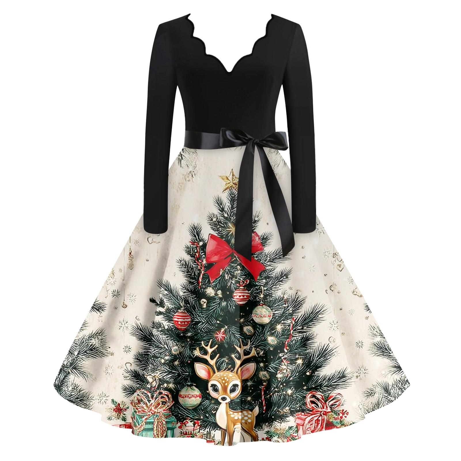 Women s Casual Fashion Christmas Holiday Print V-neck Vintage Dress L