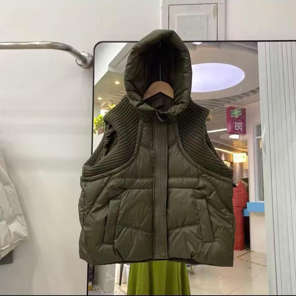 Knitted Sleeve Down Vest Women's Trend Vest Fashion Hooded Short Loose Versatile Small Wear Vest