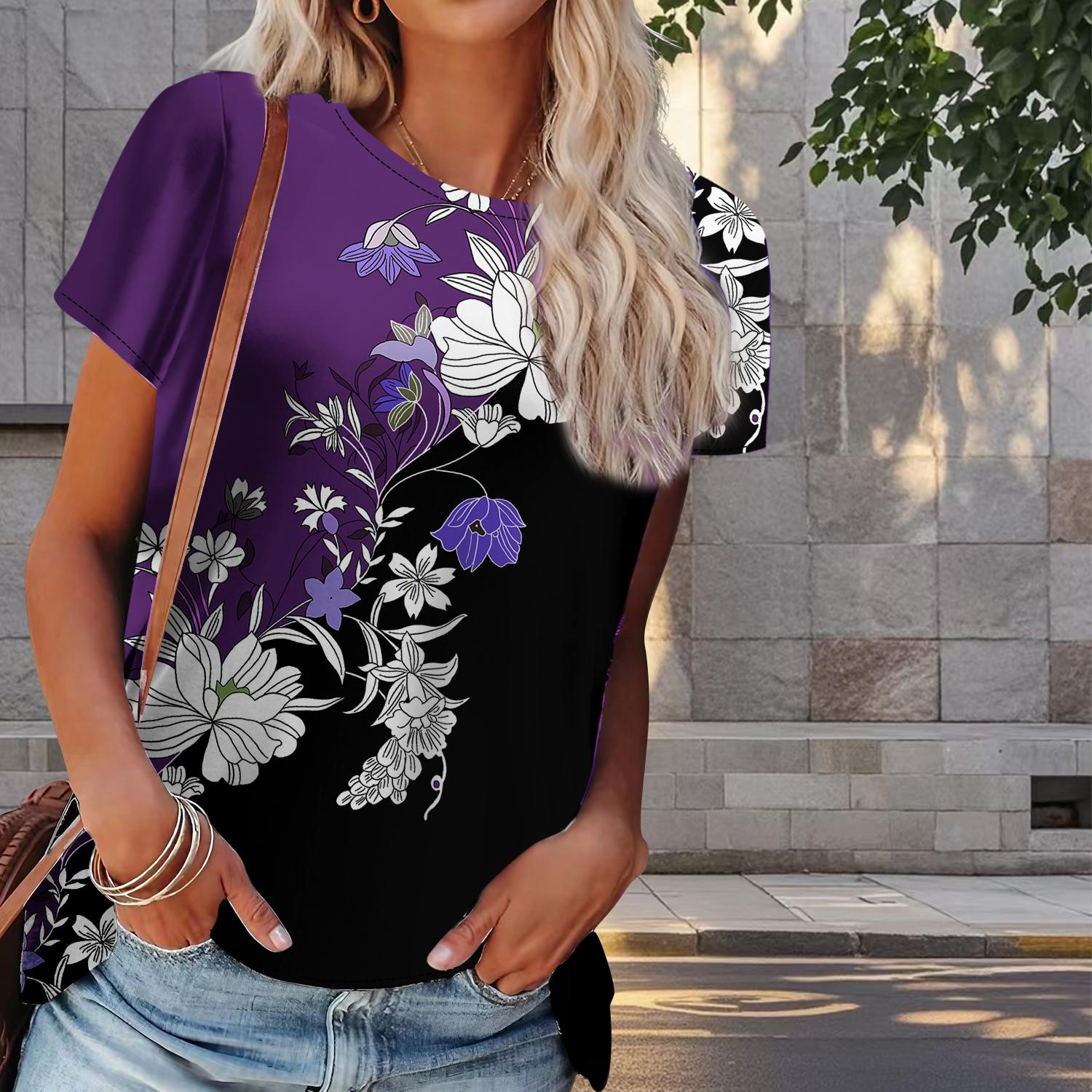 

Женская летняя футболка с цветочным принтом в стиле ретро, футболки с коротким рукавом, повседневные топы с принтом 7XL фиолетовый