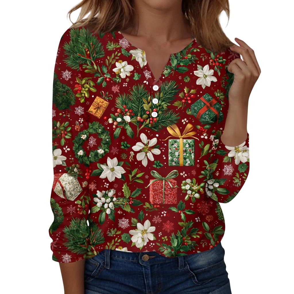 Women's Fashion Casual H Printed V-Neck Long Sleeve Decorative Button T-Shirt Tops