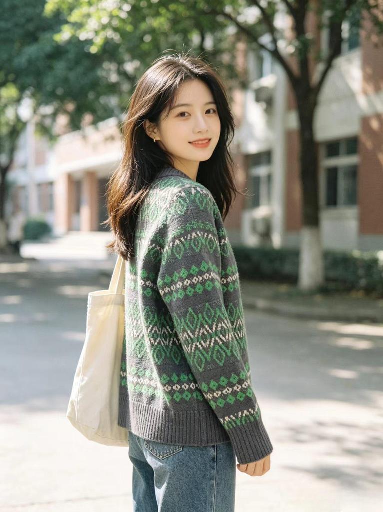 Women's Retro Fair Isle Jacquard Pullover Sweater - Early Autumn Slim-fit Round Neck Knit Top