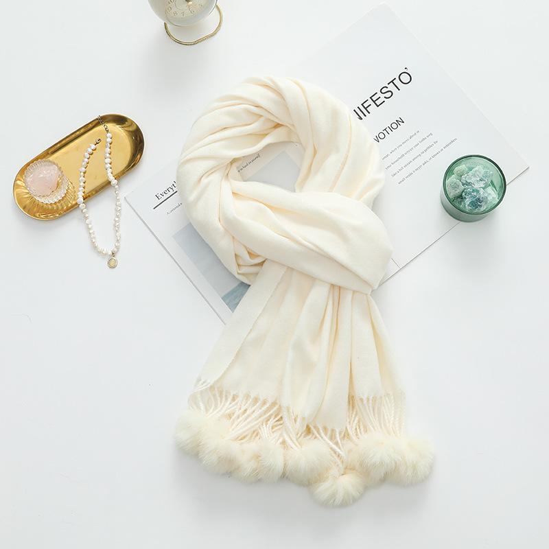 Girls Cute Imitation Cashmere Scarf Women's Winter Warm Solid Color Big Rabbit Fur Ball New Scarf Shawl
