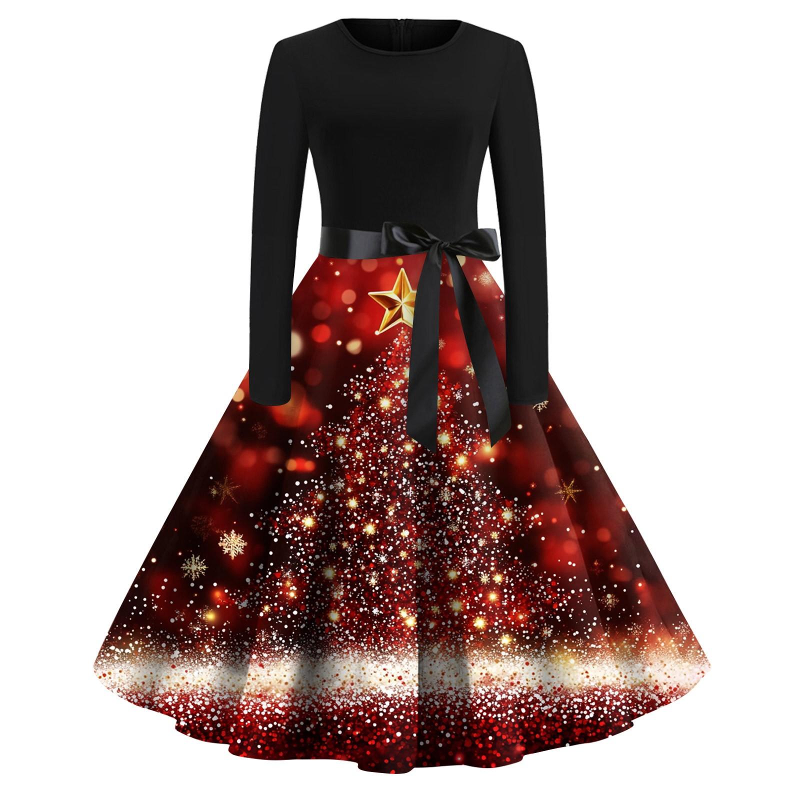 

Женское модное винтажное платье с длинным рукавом и круглым вырезом с рождественским принтом XL арбуз красный