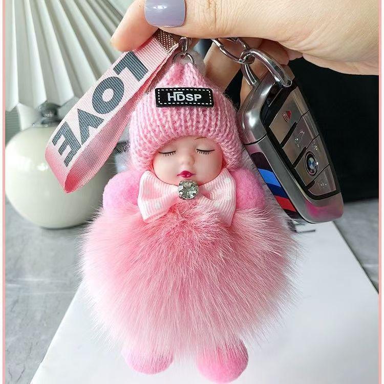 Exquisite Handmade Plush Sleeping Doll Pendant with Faux Mink Fur, Perfect as a Backpack Accessory
