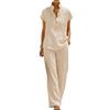 Yousheng Women Cotton Linen 2 Piece Sets Short Sleeve Button Up V Neck And Long Pants Summer Lounge Outfits with Pockets