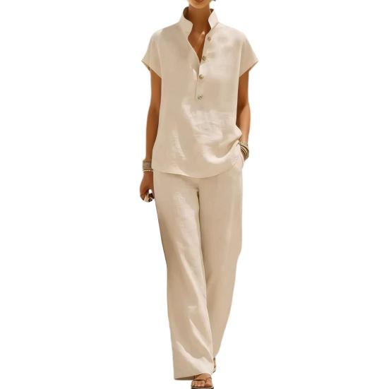 

Women Cotton Linen 2 Piece Sets Short Sleeve Button Up V Neck And Long Pants Summer Lounge Outfits with Pockets XXL хаки