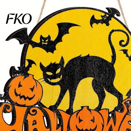 Retro Moon Wall Ornament Halloween Wood Door Hanger Sign, Pumpkin And Black Cat Printed, with Hemp Decorative Entryway Hanging Board Rope