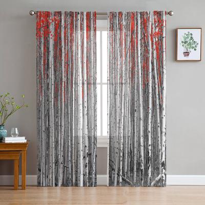 Cortinas transparentes de hojas rojas, abedul, bosque, ventana de sala de estar, cortinas de tul para dormitorio, cocina, decoración del hogar, cortinas de gasa