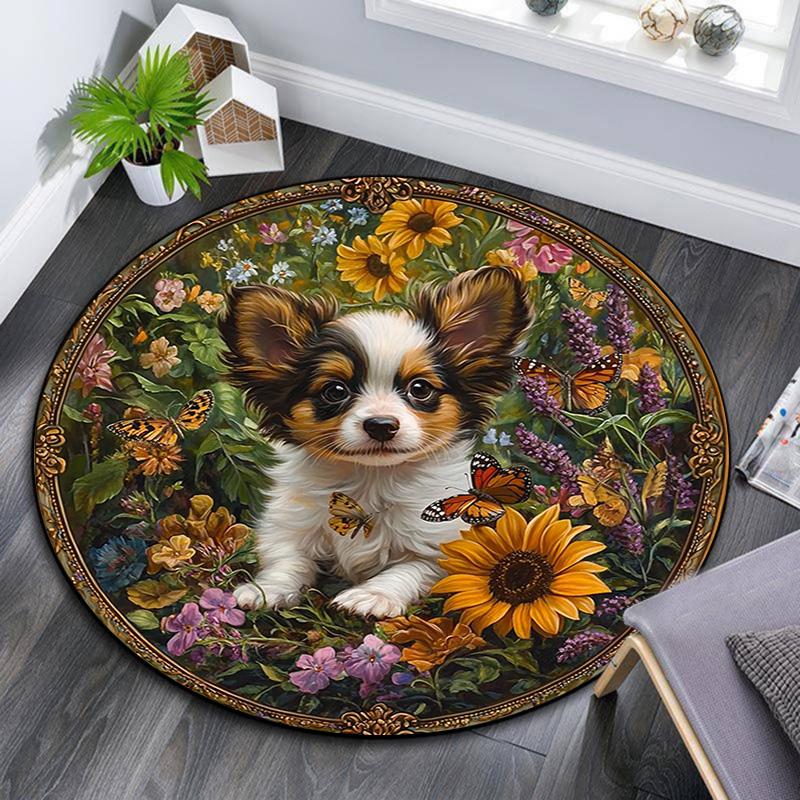 Puppy In Sunflowers Round Area Rug,Carpet Rug for Living Room Bedroom Sofa Playroom Decor,Non-slip Floor Mat