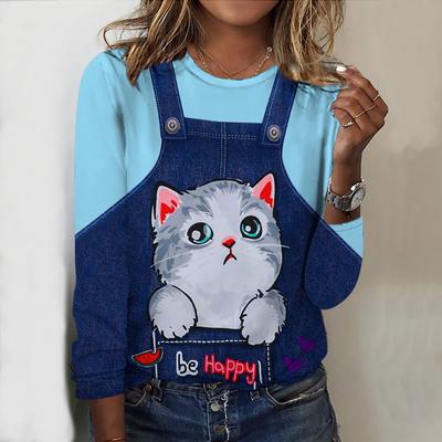 Oberteile für Frühling und Herbst, Jeans, Katzendruck, Rundhalsausschnitt, Langarm-T-Shirt, Herbst, lässig, schmaler Pullover, Langarm-Oberteil für Damen