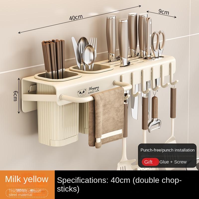 Wall Mounted Stainless Steel Knife Holder Kitchen Storage Shelf Cutlery Dishcloth Towel Drain Rack Hole-free Organizer