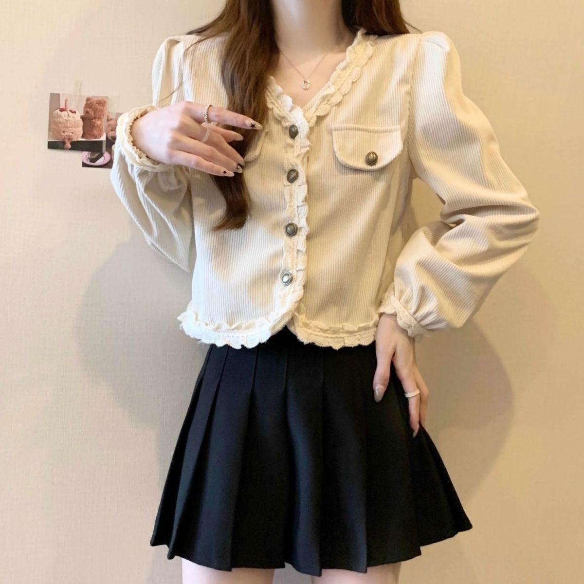 

Бордовая рубашка с кружевным воротником и длинным рукавом для женщин - Осенне-зимняя стильная, элегантная короткая куртка-топ S [75-95 kg]