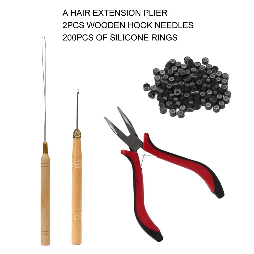 4pcs Hair Wig Plier Curved Tip Wooden Hook Needle Silicone Rings Hair Extension Tools Black