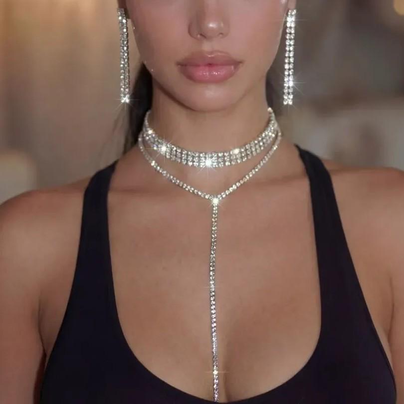 European And American Fashion Full Diamond Super Flash Fringed Necklace Women'S Light Luxury Niche Design Breast Chain Collarbone Chain Neck Chain