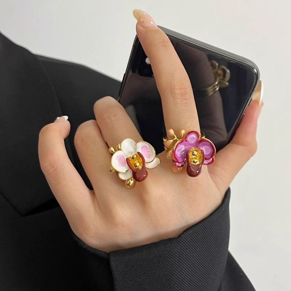 Schmetterlingsorchidee Emaille Fingerring Weißer Schwertlilienblüten Französischer Unregelmäßiger Ring Damen