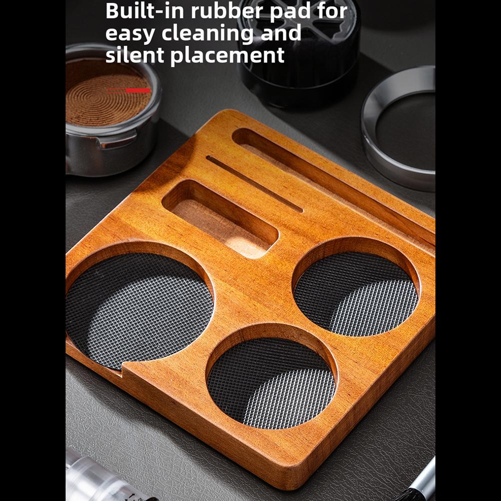 Coffee Tamper Station with Walnut Wood Base and Portafilter Holder Offering Stability and Organization for 51mm and 58mm Handles