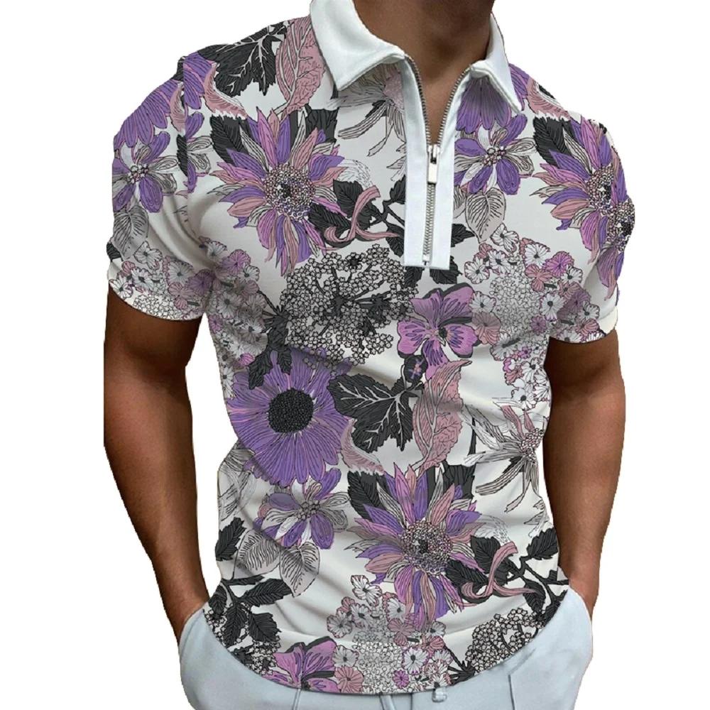Personalized Street Flower Print Short-sleeved Lapel Zipper Polo Shirt for Men, Fashionable and Breathable Summer Men's Clothing