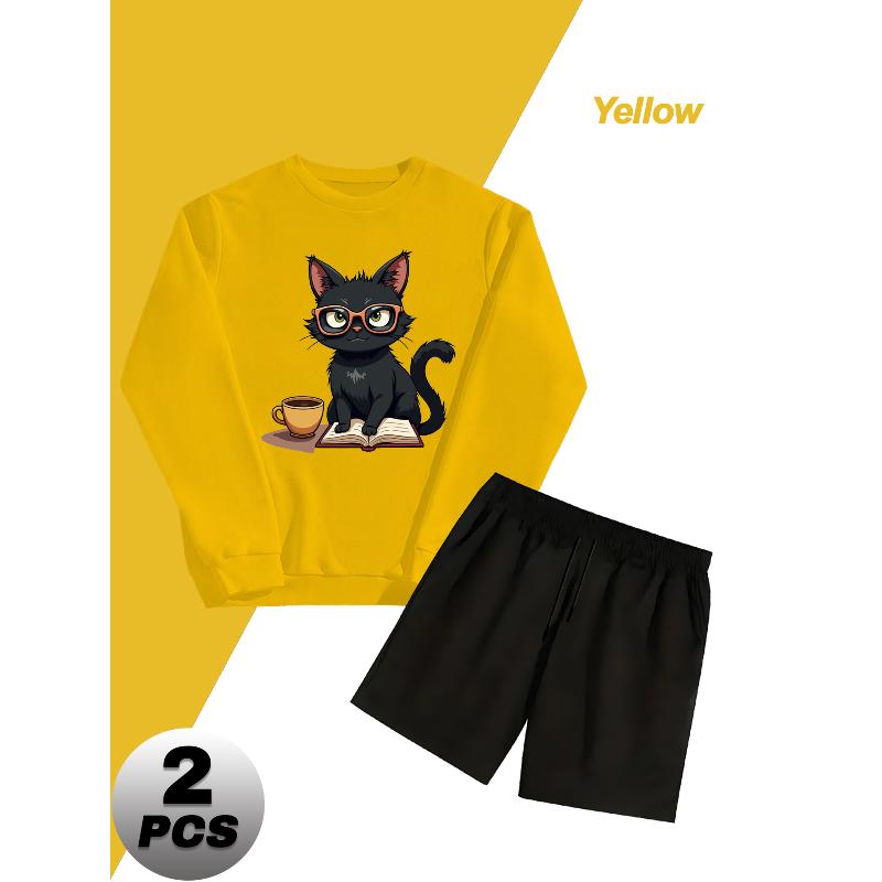 Men s Casual Tracksuit Crew Neck Sweatshirt and Waist Shorts XXL жёлтый