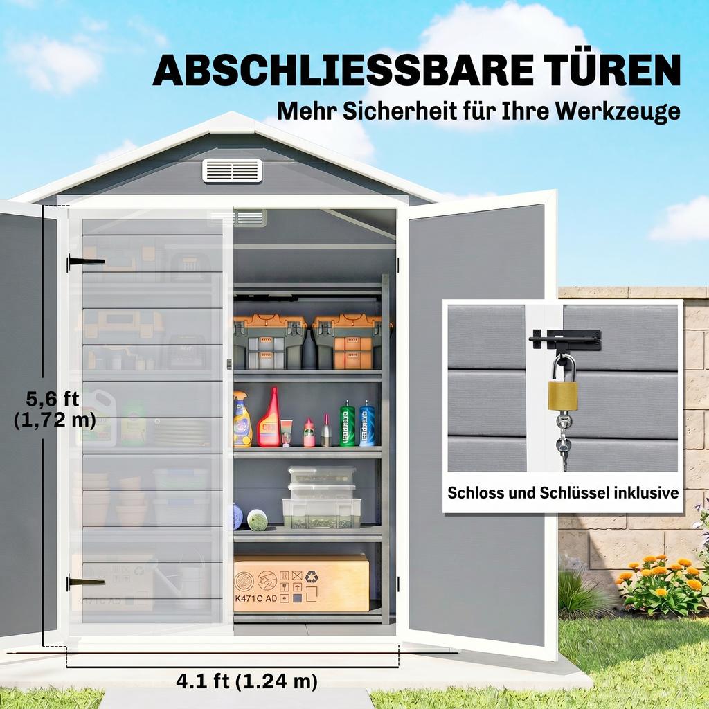 6'x4.5' Garden Storage Shed, Lockable Garden Shed with Double Doors, Window, Vent and Plastic Roof, Grey