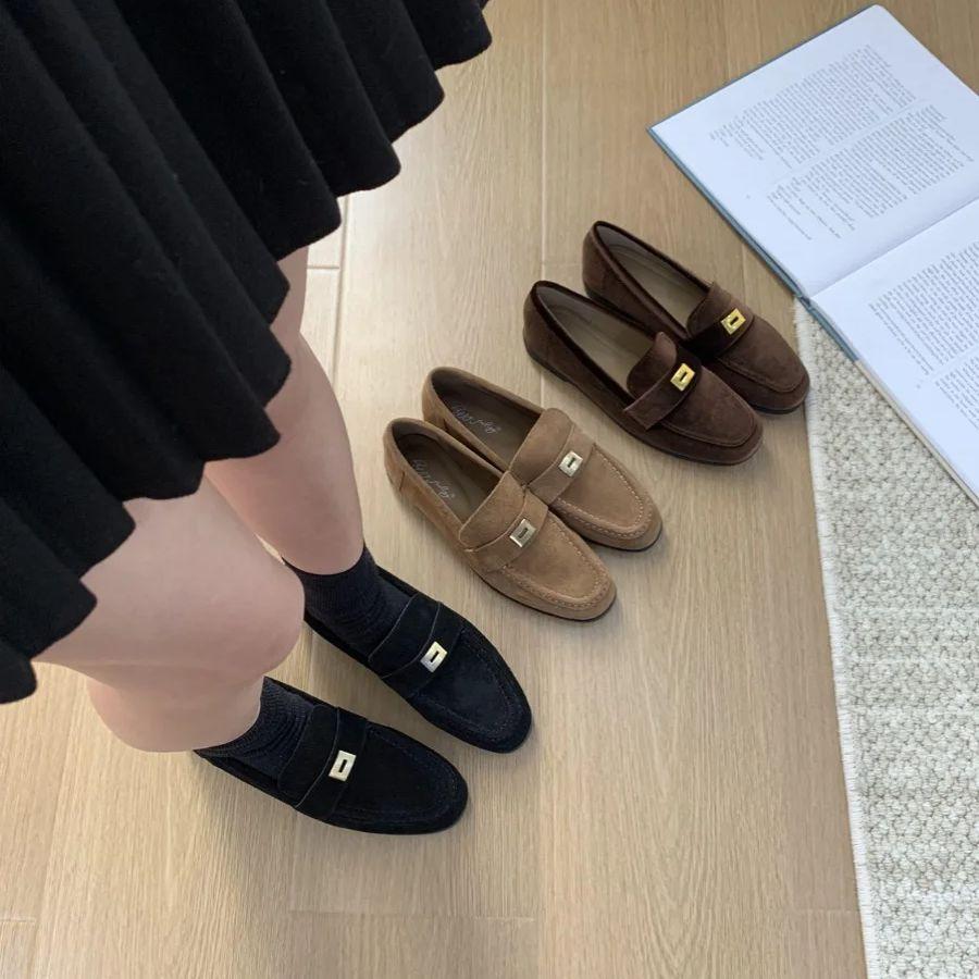 Fashion Bailamos 2024 New Brand Women Flat Shoes Fashion Round Toe Flat Heel Slip On Laofer Shoes Casual Outdoor Gold Buckle Ballerinas