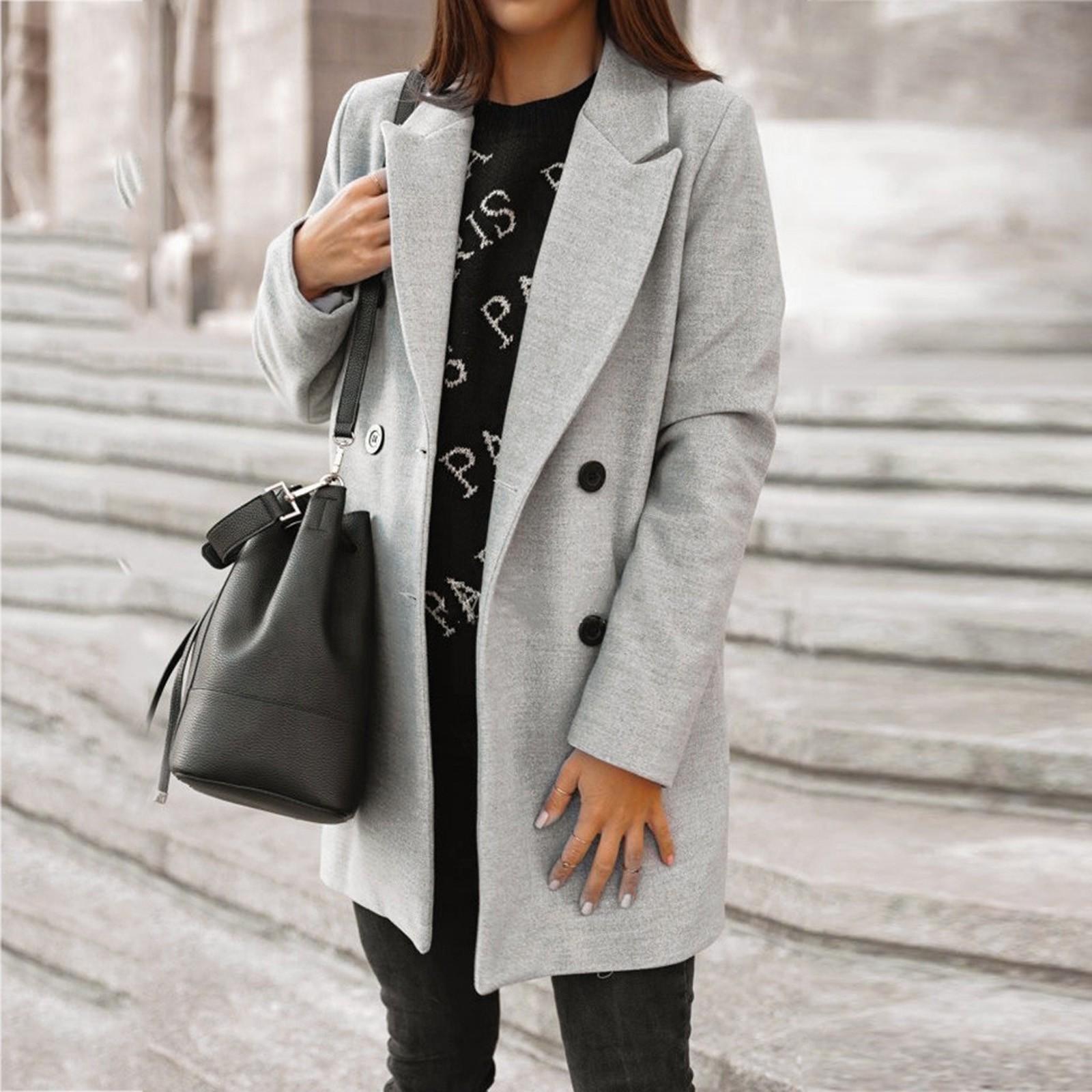 

Fashion Women s Long Sleeve Double Breasted Tweed Collar Loose Tops XL