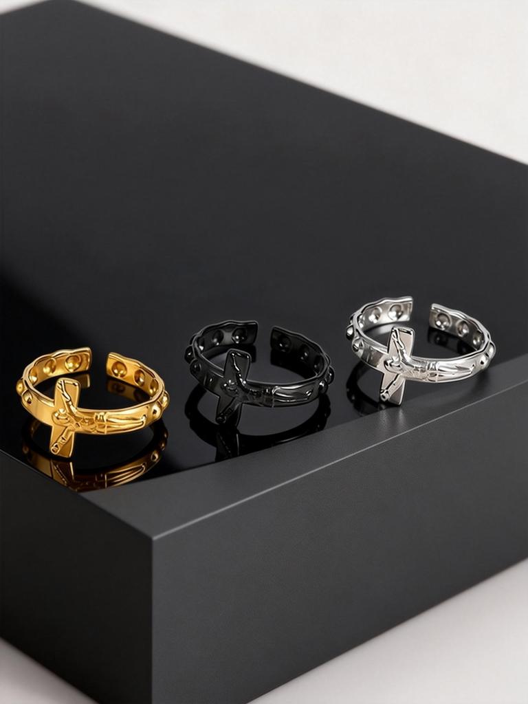 Fashion Vintage Jesus Cross Rings for Men, Waterproof Stainless Steel Adjustable Open Rings, Religious Party Jewelry Gift