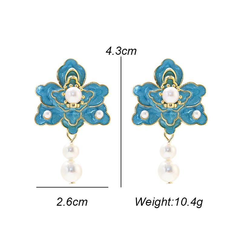 Vintage Palace Style Enamel Flower Stud Earrings for Women Elegant Creative Imitation Pearl Tassel Earring Party Wedding Jewelry