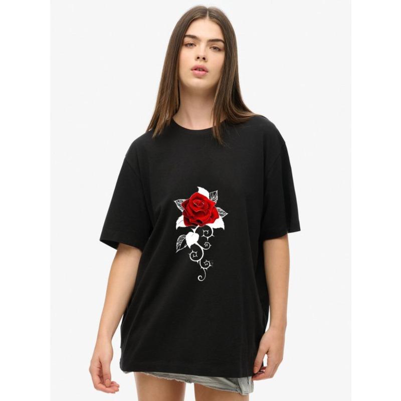 

Women s Short-Sleeve T-Shirt with Red Rose and Silver Line Pattern Art Print S