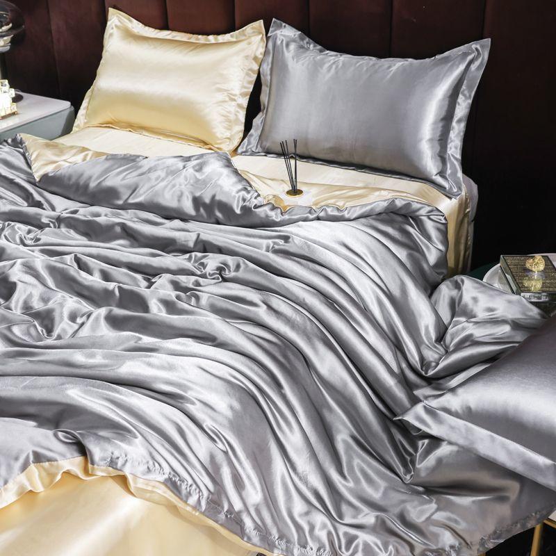 Double-sided four-piece set silky cool solid color three-piece set bed sheet quilt cover summer cool bedding