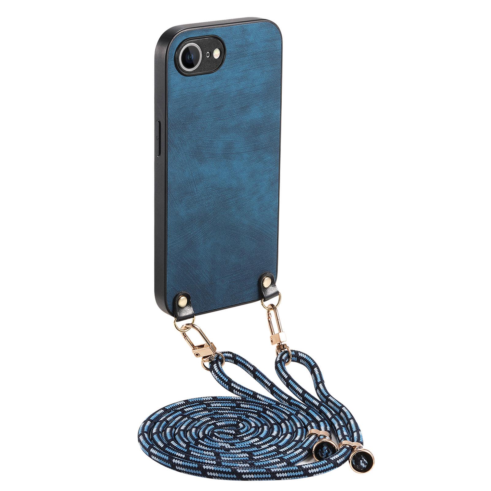 

For iPhone 16e Retro Leather Phone Back Cover with Adjustable Strap Purple