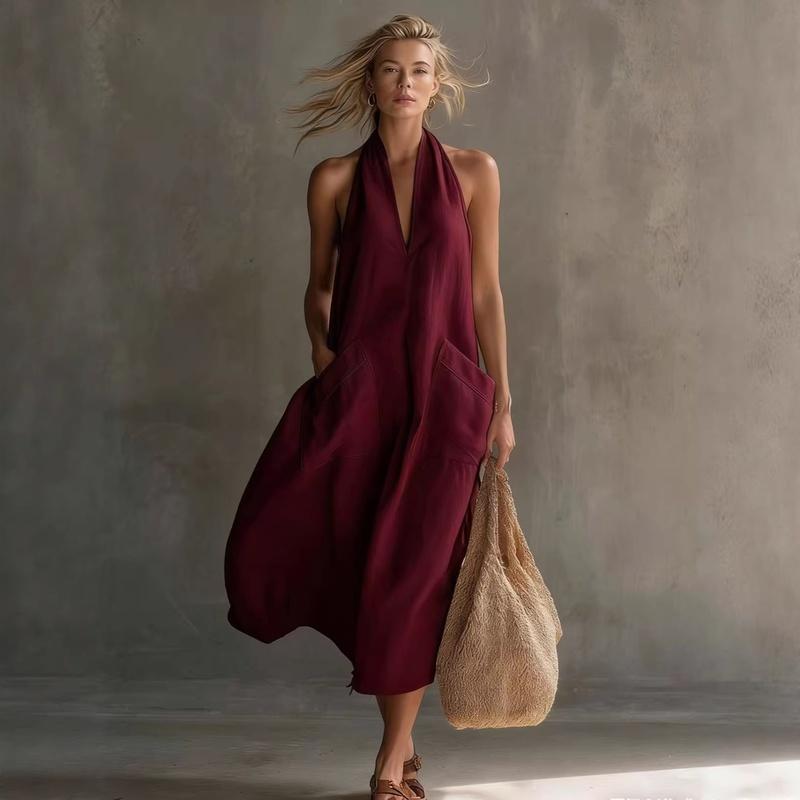 European Style Women Clothing Casual Fashion Vintage Vacation V-Neck Spaghetti Strap Maxi Dress