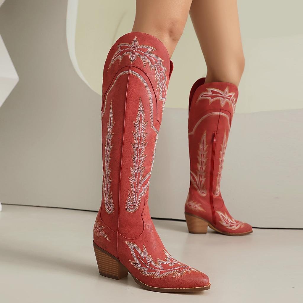 Fashion IPPEUM Women Knee High Cowboy Boots Western Shoes Red Pu Leather Block Heel Plus Size 44  Cowgirl Shoes