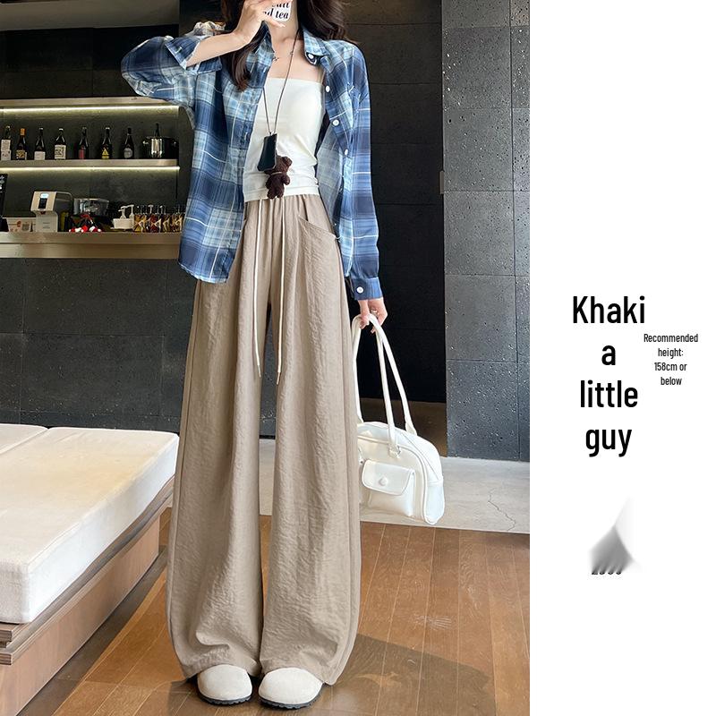 2025 Women's Blue Glutinous Rice Lazy Loose Wide-Leg Pants: Petite, Slimming, Summer Drape Design