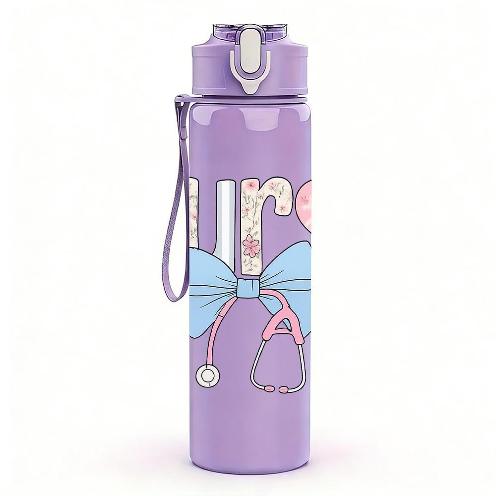1PC Bling Nurse Bow Letter 750ml Color Plastic Sports Water Bottle Leakproof Flip Straw Lid Suitable for Sports Office Home Use