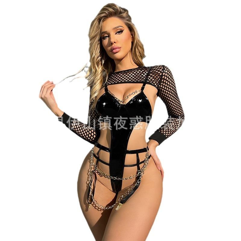 Erotic underwear women's mirror patent leather garters nightclub training sexy bondage uniform one-piece suit