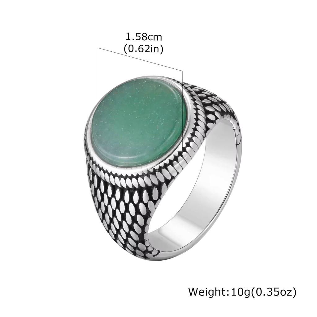 Vnox Stainless Steel Round Natural Stone Signet Ring for Men Boys, Punk Vintage Ethnic Style 15.8mm Wide Band Rings Jewelry Gift
