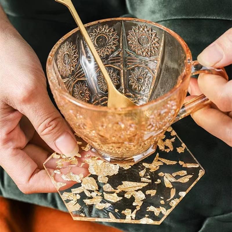 3pcs Golden Foil Acrylic Coaster Set - Luxurious Tea Cup Heat Resistant Pads - Fashionable Round Table Protector Home Decor Kit