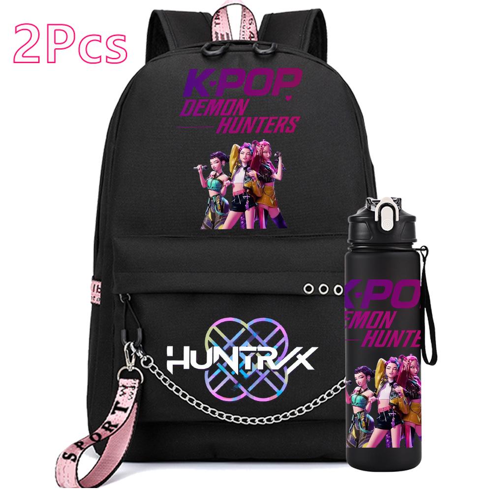 2Pcs/set Anime Cute Kpop Printed Backpack with 750Ml Water Bottler for Teenager Girl Boy Bookbag Kid Gift Large Capacity Travel Bag Rucksak