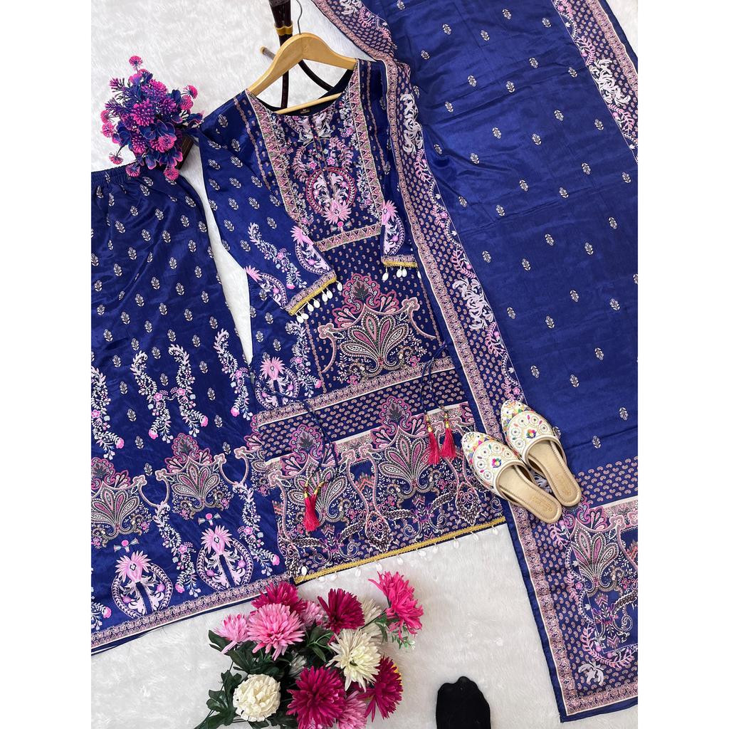 Designer Wear Trending Top with Printed Work with Hand Work with Plazo and Dupatta Set