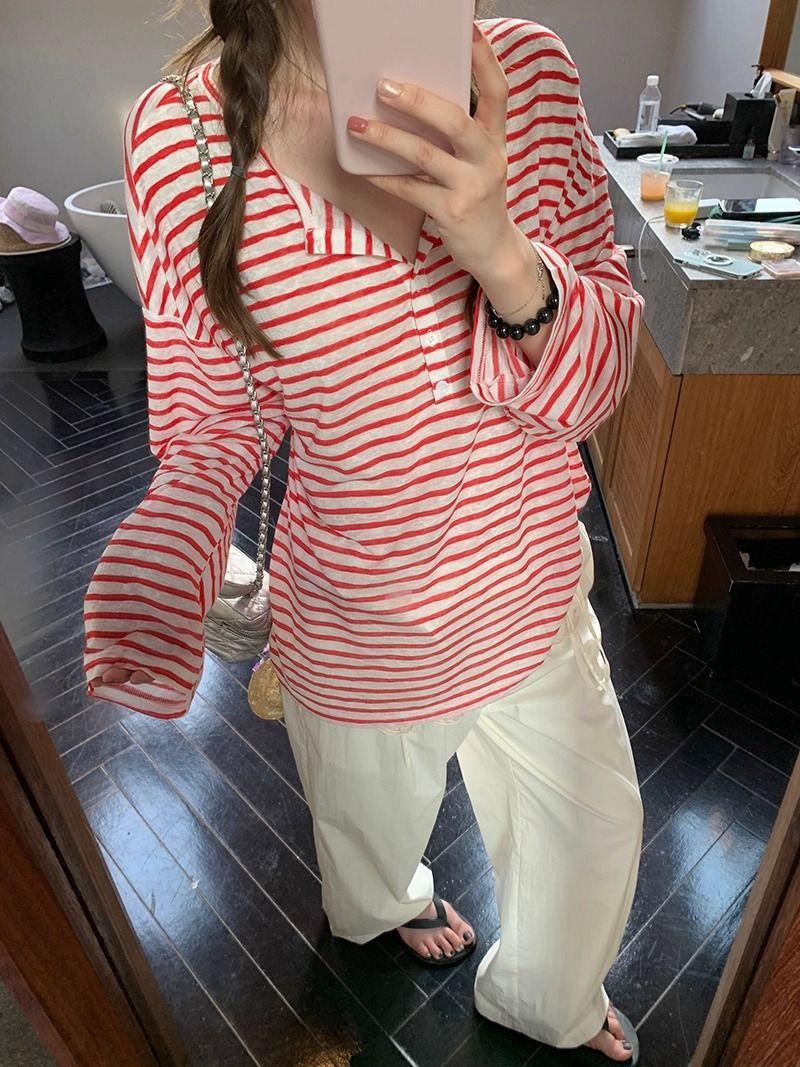 Women s Henley Long Sleeve Top Oversized Casual Striped Blouse S