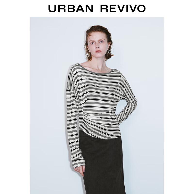 UR Women s 2025 Spring Contrast Stripe Pleated One-Shoulder Long Sleeve T-Shirt S