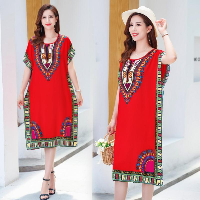 Summer Cotton Silk Dress Mid-length Bat-sleeved Loose Large Size Beach Skirt Mother Dress Covering Belly and Thin Skirt Women