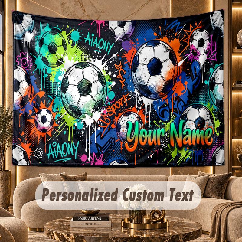 Fotbal (365) Tematická nástěnná tapiserie na míru s textem jména Personalizovaná závěsná tapiserie pro dekoraci ložnice obývacího pokoje