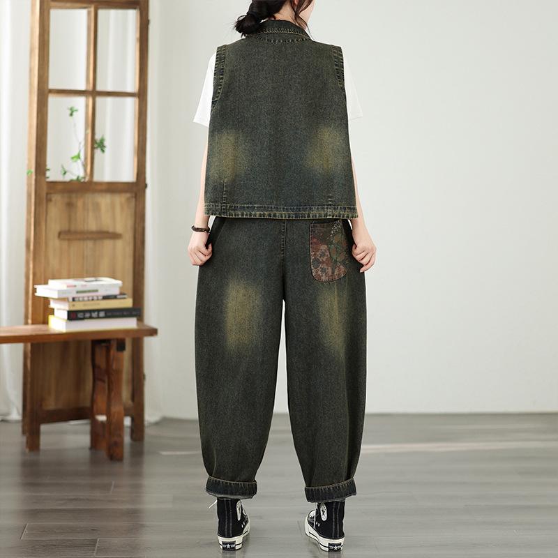 Spring Retro-Style Embroidered Vest & Patchwork Harem Jeans Set