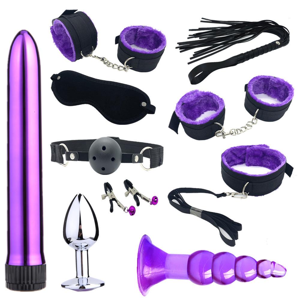 Sexy Nylon BDSM Kit Plush Sex Bondage Set Handcuffs Sex Game Whip Gag Nipple Clip Sex Toy