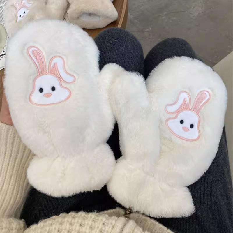 Winter Thickened All-Inclusive Cold-proof Gloves Female Cartoon Cute Rabbit Warm Finger Plush Student Ride