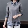 Plaid Shirt Fake Two Piece Personalized Top Sprint Autumn New Women's Long Sleeve Bottoming Blouse Mother T-shirt M-4XL