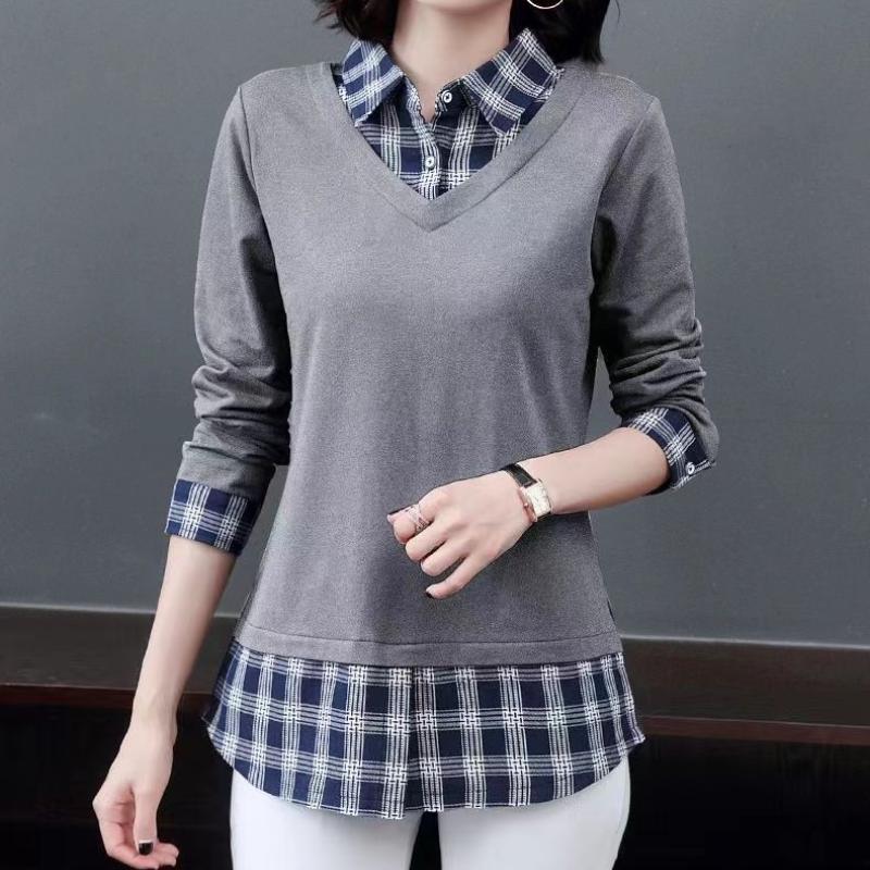 Plaid Shirt Fake Two Piece Personalized Top Sprint Autumn New Women's Long Sleeve Bottoming Blouse Mother T-shirt M-4XL