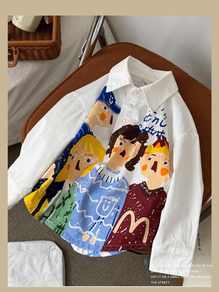 2025 Boys' Spring Cartoon Long-Sleeve Shirt - Korean Style Casual Cotton Top